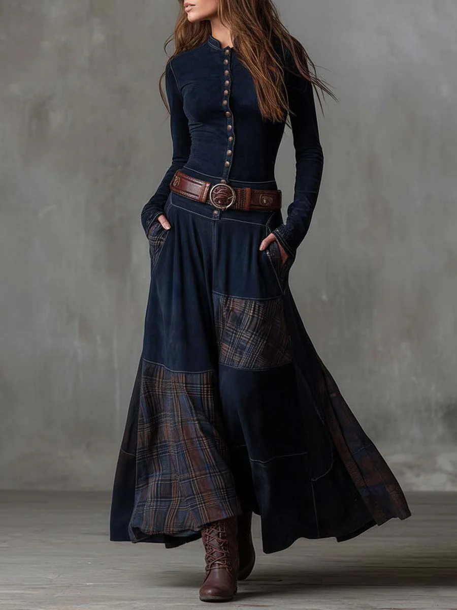 Teresa | Vestido maxi de ante con patchwork de cuadros y cinturón