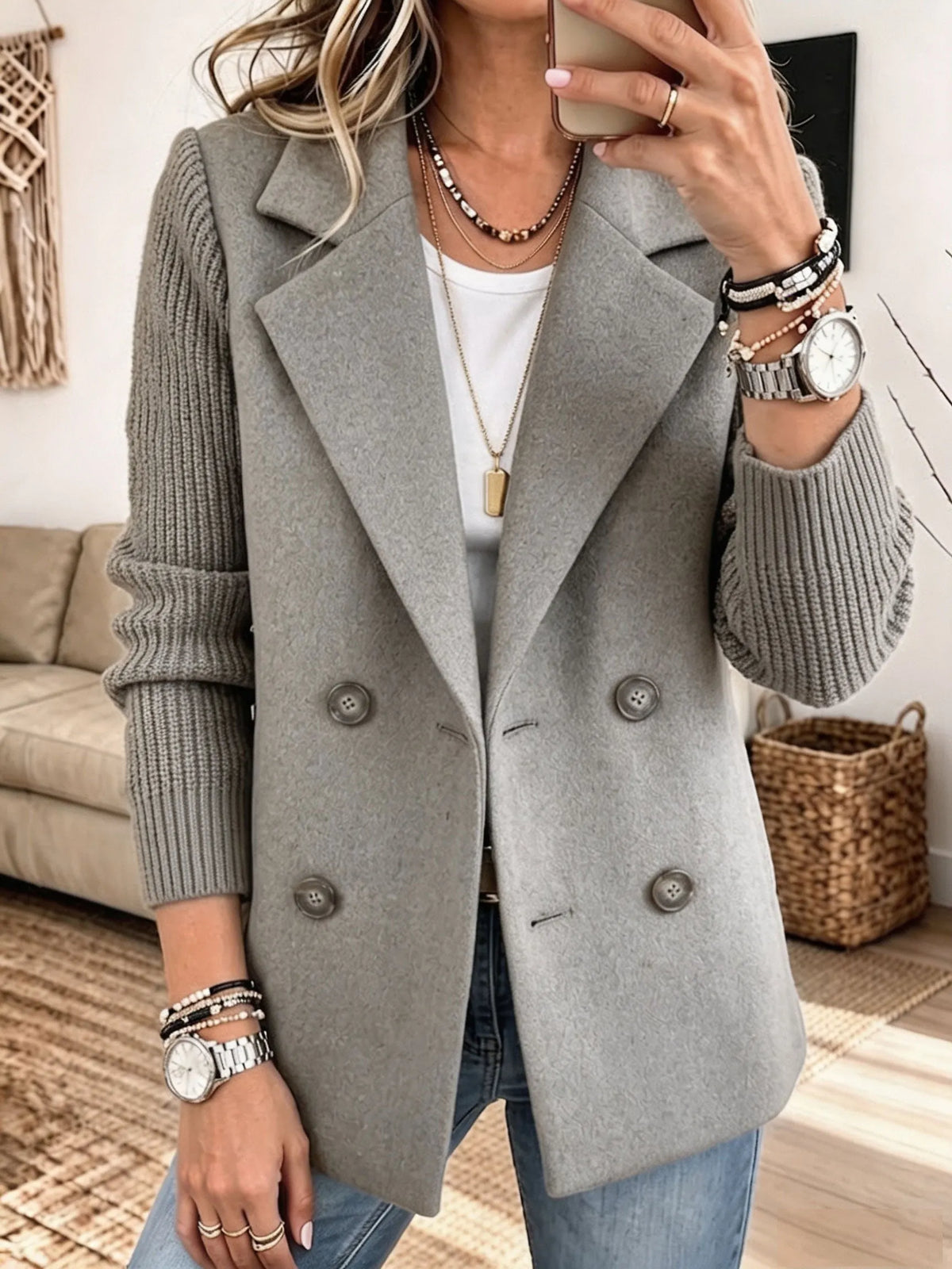 Alba - Blazer de paño con mangas de punto canalé - Gris