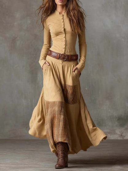 Teresa | Vestido maxi de ante con patchwork de cuadros y cinturón