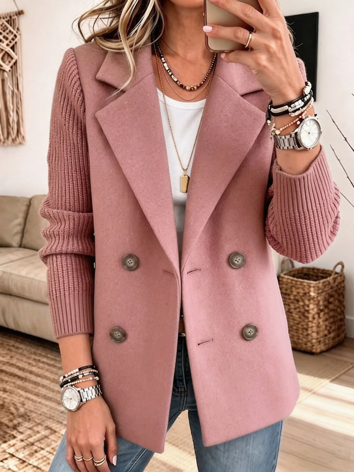 Alba - Blazer de paño con mangas de punto canalé - Rosa
