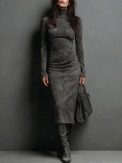 Lorena | Vestido midi de ante ajustado con cuello alto