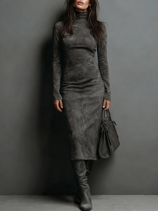 Lorena | Vestido midi de ante ajustado con cuello alto