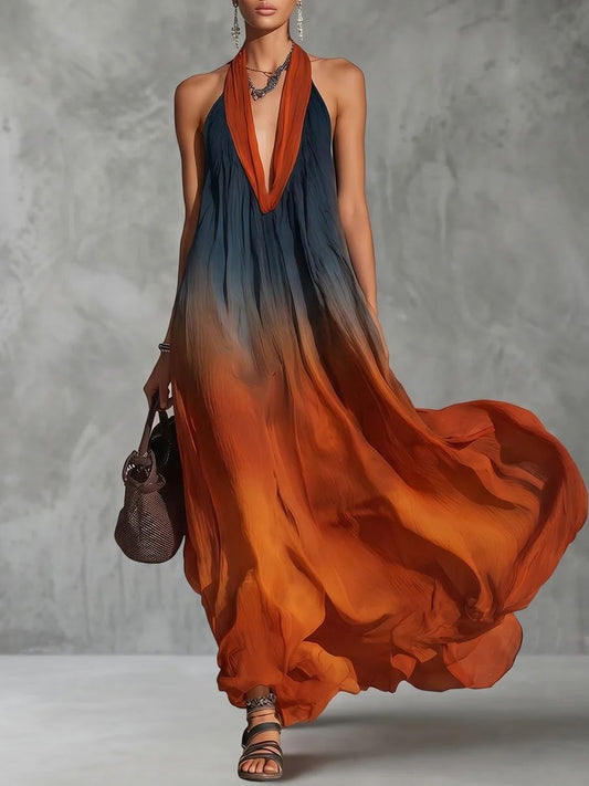 Lucía | Vestido Maxi de Gasa Degradado Azul y Óxido